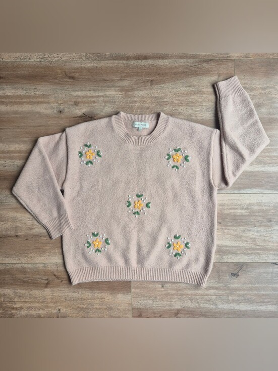 Rosie Posie Sweaters - Rosie Posoe Blush Pink Floral Embroidered Crewneck Sweater